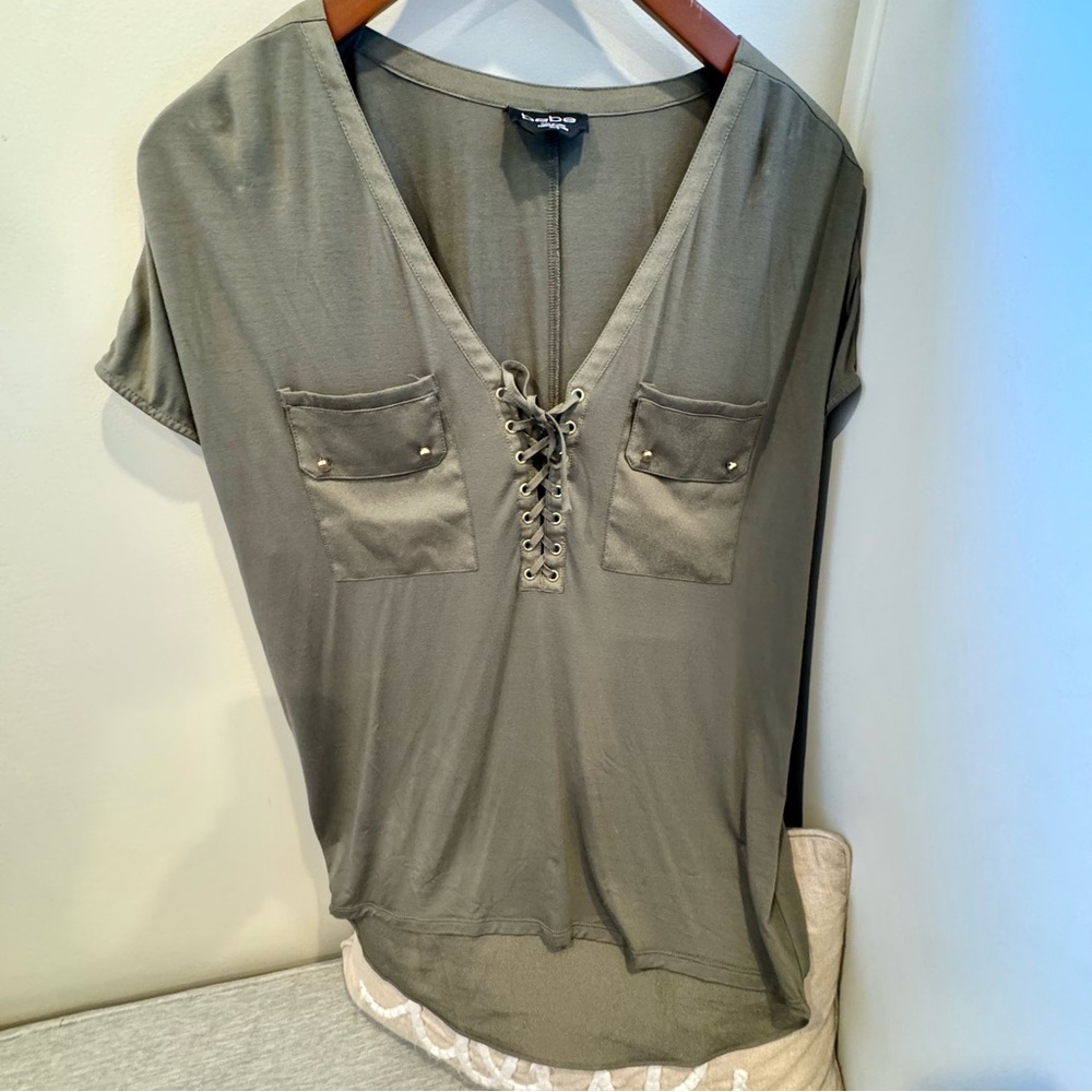 Bebe, green blouse. Beautiful details!